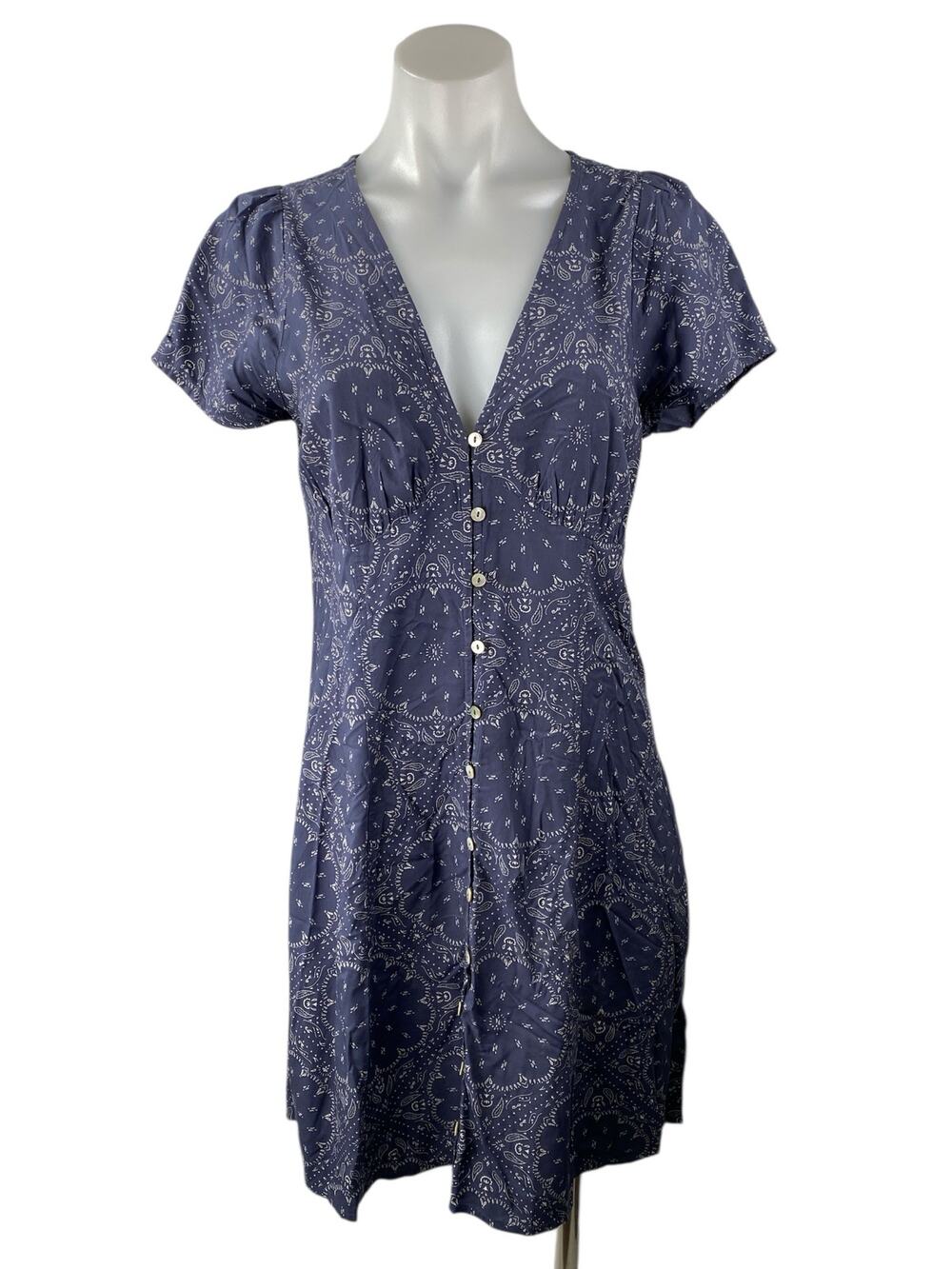 Madewell Blue Paisley Shirred V-Neck Button Down Short Sleeve Mini Shirt Dress 4